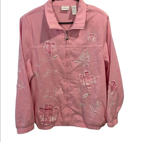 Koret Jackets & Blazers - Koret Baby Pink & White Plaid Floral Print Elastic Cuffs and Hem Zip Up Jacket